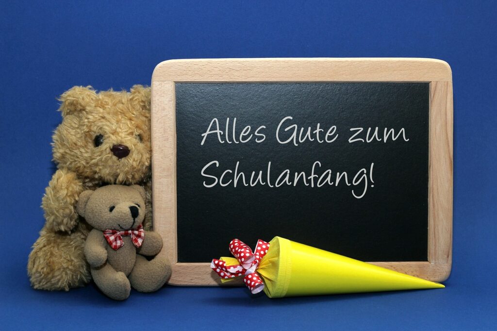 back to school, board, school, school enrollment, school start, write, blackboard, teddy, school cone, yellow